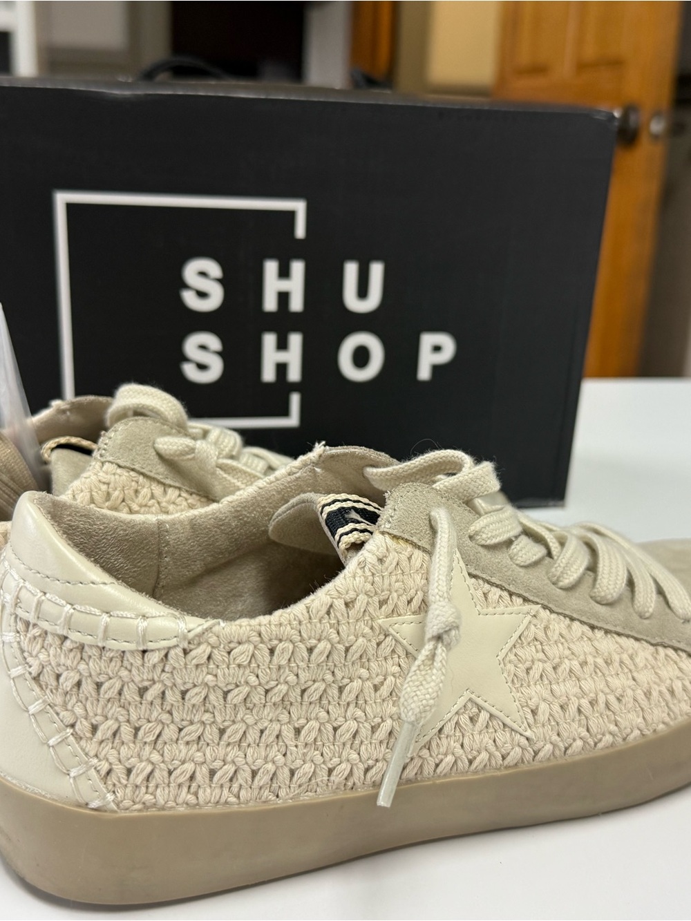 ShuShop Women's Beige Crochet Star Lace-Up Sneakers